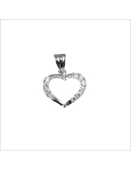 14k White Gold, Open Heart Pendant Charm Lab Created Gems 14mm Wide