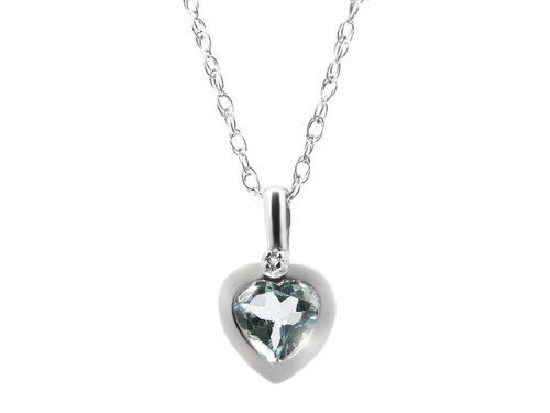 9ct White Gold Aquamarine & Diamond Heart Rubover Pendant On 18 Rope Chain
