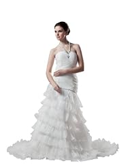 Organza Mermaid Halter Crystal Tiered Ruched Spring Fall  Dress with a Court Train 