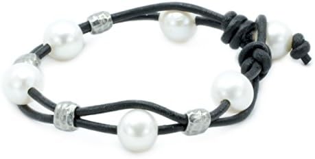 High Quality Freshwater Cultured 9.5-10.5mm Pearl Bracelet on Black Leather Cord &amp; Metal Rings, 7"