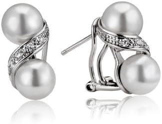 Cubic Zirconia and Sterling Silver Double White Pearl Earrings