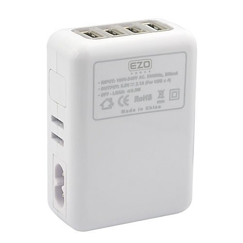 EZOPower White 4-Port USB Travel Wall Charger with 4 interchangeable wall plugs (US, UK, EU and AU) for iPhone 4/4s , iPod , Kindle Fire Tablet and other Cellphone /Tablet / MP3 Player USB Powered Devices -Retail Package
