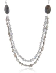 Silver Grey Baroque Freshwater Cultured Pearl and Labradorite Rondelle and Oval Necklace with Silver Tone Chain and Clasp, 25"