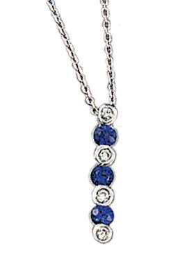 14K White Gold Designer Hand-Crafted Journey Pendant, Enhanced with Bezel Set Diamonds and Sapphire Precious Stones, Sliding on a 16'' Cable-Chain Necklace. (GH-Color, SI-Clarity, c.t.t.w.0.07CT, Sapphire 0.33CT).