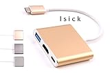 Isick 3-in-1 Type-C to HDMI / USB3.0 / USB type-C/F 変換 アダプタ MAC2016年モデル にも 対応 充電 しながら パソコン の 画面 を プロジェクター や テレビ で 見る 高速 データ転送 (ゴールド)　　　　　　　　　　　　　　　　　　　　　　　　　　　　　　　　　　　　　　　USB 3.1 ハブ USB-C コネクター 端子両面挿 type-C/F充電 ポート 搭載 付き MacBook2015 ・2016 , Chromebook Pixel に 対応 Digital AV Multiport プレミアム