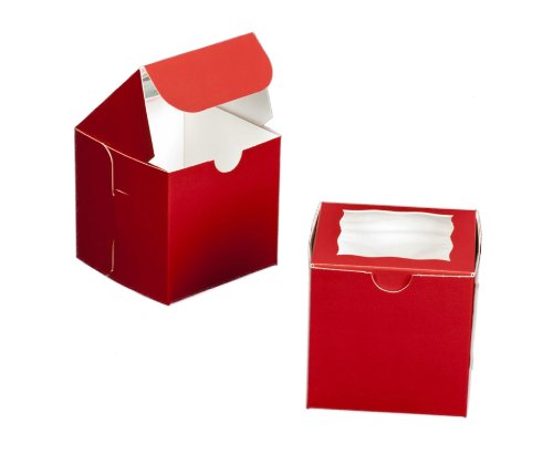 Dress My Cupcake Square Window Cupcake Box with Lid and Single Skinny Mini Holder, Red/White, Set of 100