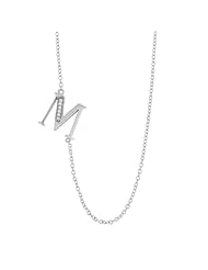 Sterling Silver 16" + 2" Extension Sideways Initial "M" CZ Necklace