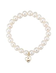 10k Yellow Gold Genuine Fresh Water Pearl Heart Charm Bracelet, 7"