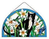 Daffodils Cat Stained Glass Art Panel Suncatcher Window 16.5 W X 10.5 H Joan Baker Designs AP515