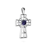 14K White Gold Round Genuine Sapphire Celtic Cross Pendant