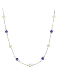 Sterling Silver Chain, Freshwater Pearl and 6 Station Blue Onyx Necklace, 18"