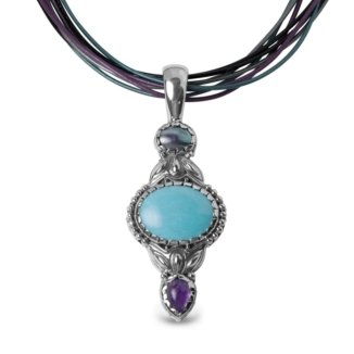 Carolyn Pollack Sterling Silver Turquoise Silverado Pendant on Multi-Strand Leather Cord Necklace