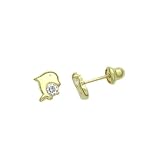 14K Gold Stud Earring CZ Small Dolphin Yellow Gold Earring With Screw Back For Kids & Teens