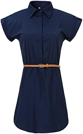 MiYang Women's Pinup Cap Sleeve Stretch Chiffon Casual Ol Belt Shirt Mini Dress,Navy Blue,L=(US 6-8)