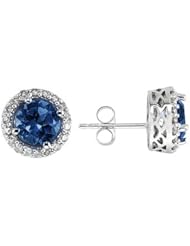 14K White Gold Round Sapphire Earrings with Diamond
