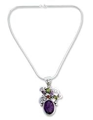 Amethyst and peridot pendant necklace, Plum Blossom - Multigmstone Indian Jewelry Sterling Silver Necklace