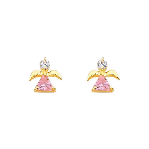 Best 14K Yellow Gold Angel Pink CZ Stud Earrings with Screw-back for Baby & Children Reviews