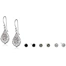 Silver Plate Filigree Tonal Neutral Crystal 4-Pair Earrings Set