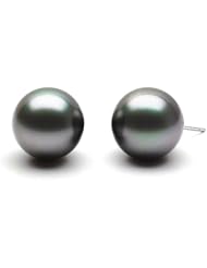 HinsonGayle AAA Handpicked Genuine French Polynesian 12.0-13.0mm Peacock Black Tahitian Cultured Pearl Stud Earrings (Solid 14K White Gold)