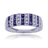 Solid 14KT White Gold Ring Blue Sapphire / Diamond Sz=7