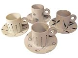 ArtisanStreet's Eight Piece China Espresso Coffee Set Features Four Cups And Four Matching Saucers. Abstract Design on White China. One Of A Kind, Hand Painted & Signed By Artisan.