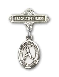 Sterling Silver Baby Badge with St. Christopher/Baseball Charm and Godchild Badge Pin