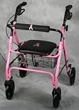 MEDLINE PINK BREAST CANCER AWARENESS ROLLATOR 4 WHEELED WALKER WITH SEAT PINK COLOR WITH PINK RIBBON LOGO ON SEAT AND BACKREST. SUPPORTS NATIONAL BREAST CANCER FOUNDATION