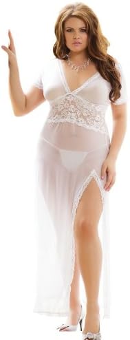 Coquette Women's V-neck Long Mesh Gown with Leg Slit (One Size, White)