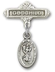 Sterling Silver Baby Badge with St. Christopher Charm and Godchild Badge Pin