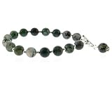 Green Moss Agate and Sterling Silver Bracelet with Swarovski Crystal