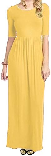 Meaneor Women's 3 4 Sleeve Solid Plus Maxi Long Dress with Elastic Waistband (XXL, Yellow)