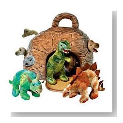 FAO Schwarz Dinosaurs in a Rock House Plush W/ House + 7 Plush Dinosaurs