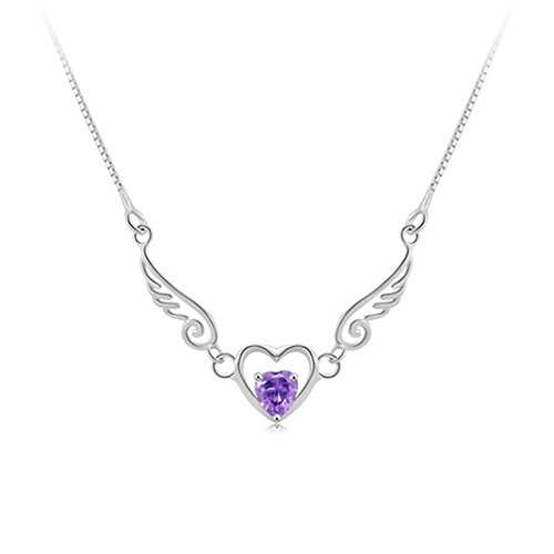 Fashion White Rhodium Plated Heart Purple Synthetic Stone Angel Wings Pendant with Free 18