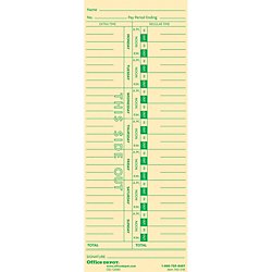 Office Depot Time Cards, Weekly, Monday-Sunday Format, 1-Sided, 3 3/8in. x 8 7/8in., Manila, Pack Of 100, GB-740016
