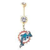 Miami Dolphins 316L Stainless Steel Belly Ring with Cubic Zirconia - Gold Plated - 14G - 5/8 Inch Bar Length - Sold Individually