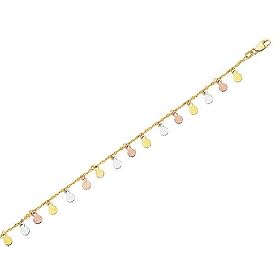 Tri-Color Dangling Circle Anklet 10 Inches in 14K Gold