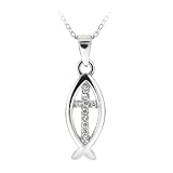 Sterling Silver Cubic Zirconia Cross Religious Fish Pendant - 18