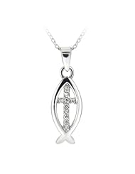 Sterling Silver Cubic Zirconia Cross Religious Fish Pendant Necklace, 18"