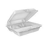 Dart 90HT3 9.4 Inch Length by 9 Inch Width by 3 Inch Height White Foam Hinged Lid Container with Large 3 Compartment 100-Pack (Case of 2)