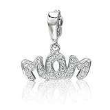 14K White Gold Round Pave Diamond 3D MOM Bracelet Charm