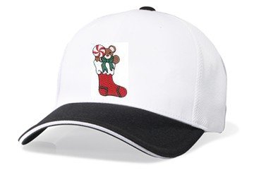 Embroidered White Cap - bear in stocking