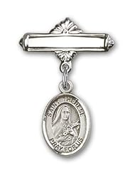 Sterling Silver Baby Badge with St. Therese of Lisieux Charm and Polished Badge Pin