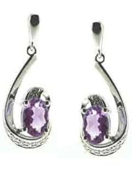14K White Gold 0.88cttw White Diamond & Oval Purple Amethyst Gemstone Earrings