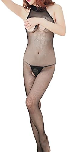 Sexy Seamless Fishnet Open Bust Crotchless Halter Bodystocking - Small/Medium - Black