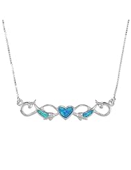 Sterling Silver 16.5" Blue Opal Dolphins Kissing Heart Bar Necklace