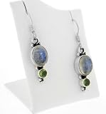 Genuine Rainbow Moonstone and Green Peridot Sterling Silver Earrings