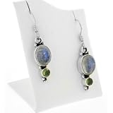 Genuine Rainbow Moonstone and Green Peridot Sterling Silver Earrings