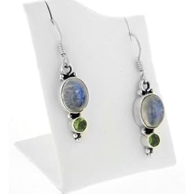 Genuine Rainbow Moonstone and Green Peridot Sterling Silver Earrings by 