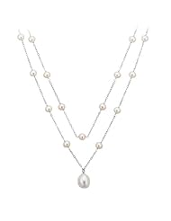Freshwater Pearl Two Row Tin Cup Necklace in Sterling Silver