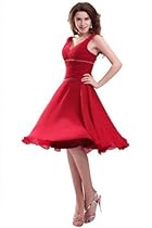 Hot Sale Sunvary Modest V Neck Cocktail Evening Dress Bridesmaid Dress Chiffon - US Size 18W- Red